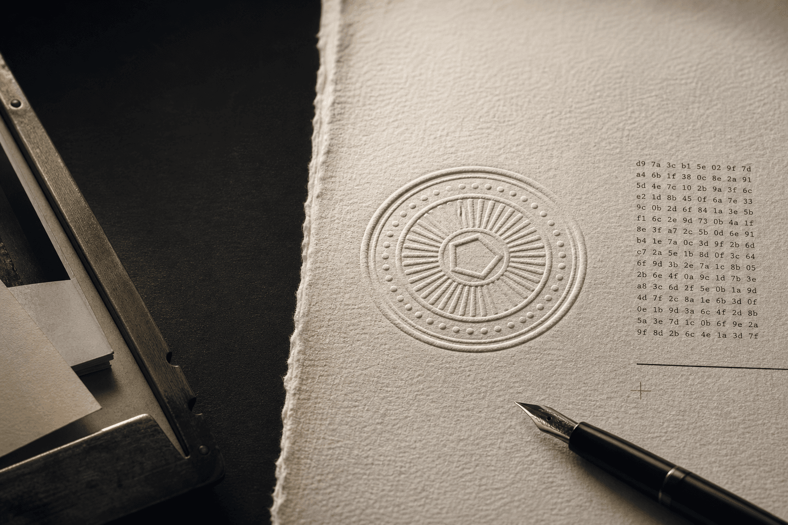 An archival desk with a blind-embossed seal and cryptographic evidence marks